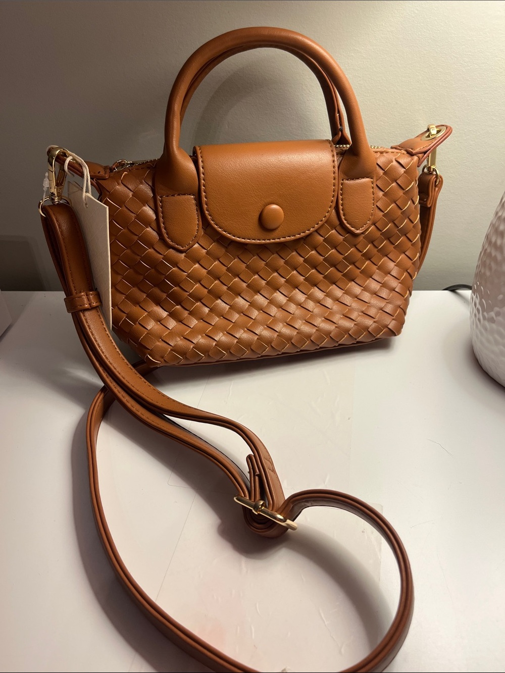 Woven Top-Handle Crossbody Bag in Tan